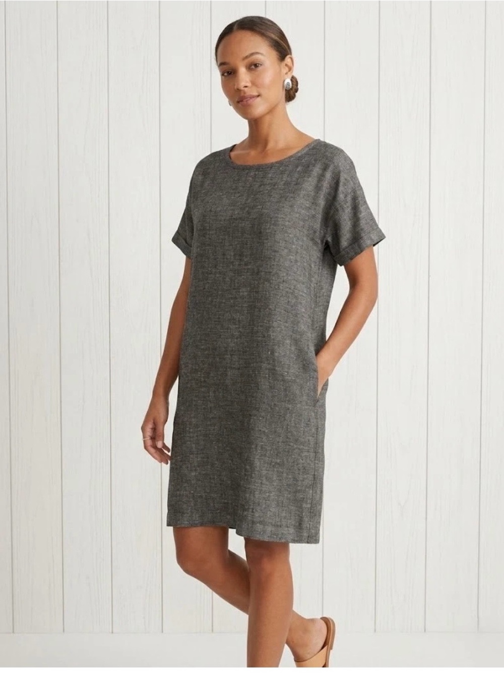 EUC! Eileen Fisher Organic Linen Jewel Neck Shift Dress-Black White Tweed-XXS